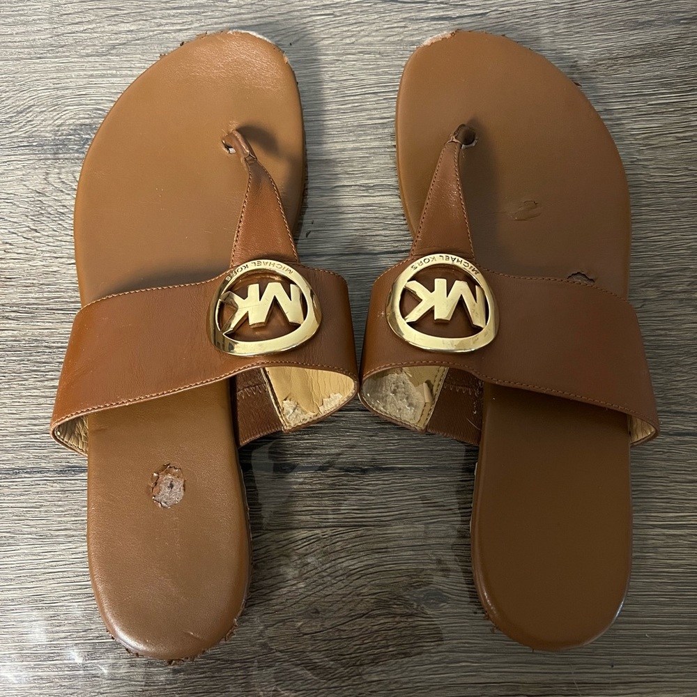 Michael Kors Tan Sandals with Gold Emblem